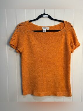 Coldwater Creek Orange Knit Short Sleeve Sweater Top Medium Crochet